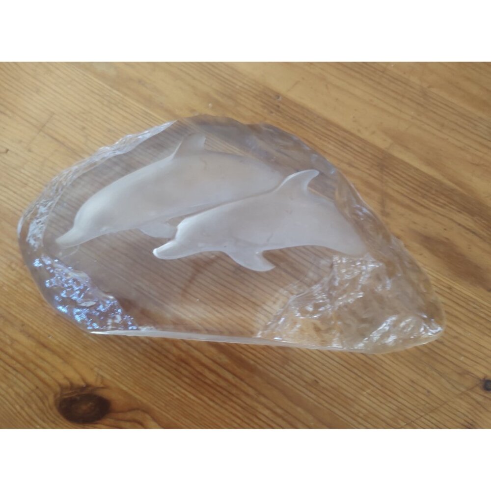 Kosta Boda Glass Paperweight Dolphins 8 1/2" long x 4" high